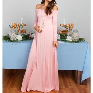 PinkBlush Pink Solid Off Shoulder Maternity Maxi Dress